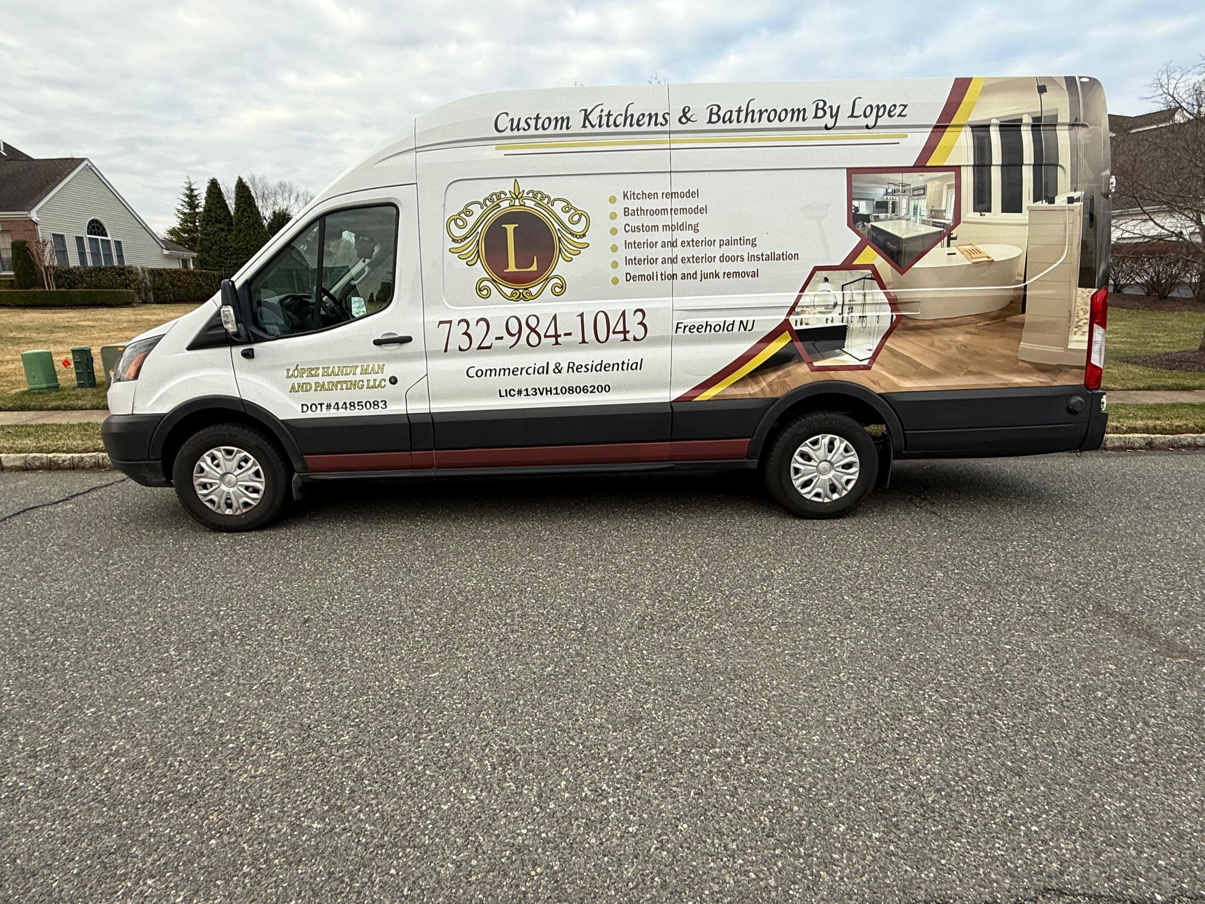 Custom Kitchens By Lopez branded van, driver side